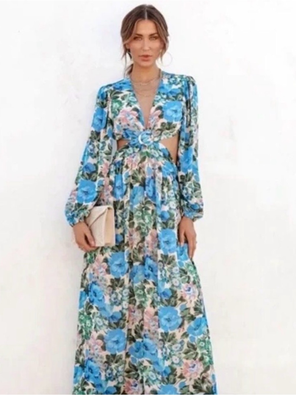 Lush Blue and Green Floral Open-Back Maxi Dress